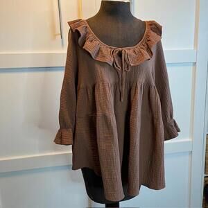 Zesica Chic Ruffled Brown Blouse